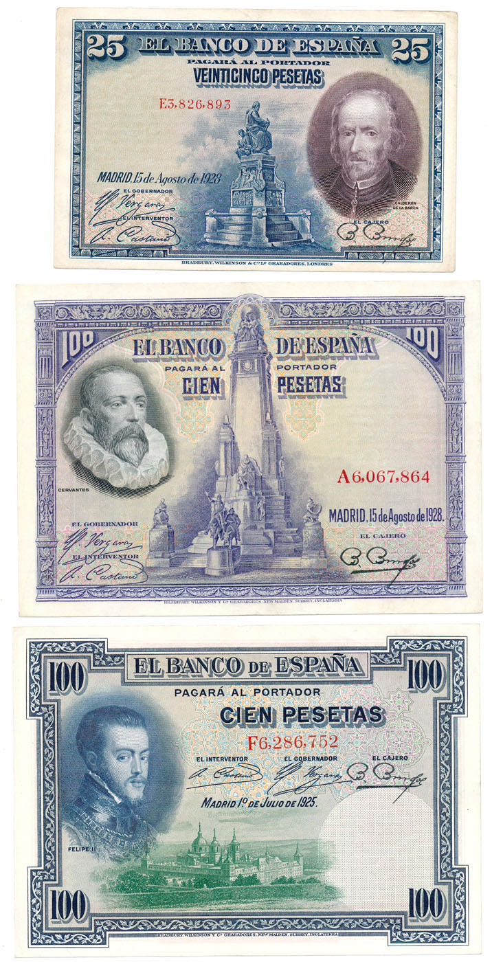 Hiszpania 25-100 pesetas 1925-1928, zestaw 3 banknotów